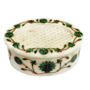 White Marble Stone Sangemarmar jewellery box Inlay work with Colored Box-Oval Shape 105mm #9038