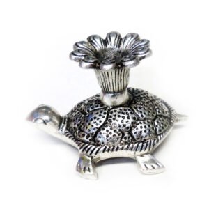 Silver Tortoise Candle Stand featuring a tortoise figure, typically made of metal (like oxidized white metal or silver-plated metal), with a holder on its back designed to hold a candle or diya  75mm #9077