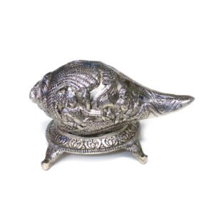 Silver Hand Engraved Vishnu Laxmi Shankh (Conch shell) with a stand Silver Shankh with Vishnu Carving, Decorative Showpiece 200mm #9072