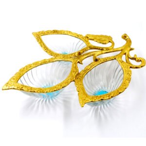 Silver metal on leaf serving glass three bowls dry fruits Tray 300mm #9069