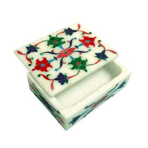 White Marble Stone Sangemarmar jewellery box Inlay work with Colored Box-Rectangle 105mm #8906