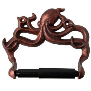 Cast Iron Decorative Octopus Toilet Paper Roll Holder – Wall Mounted Octopus Decor for Bathroom – Nautical Bathroom Accessory – Copper Antique & Black Finish  # 5008