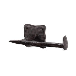Rustic State Motris Railroad Spike Hand Forged Iron Toilet Paper Holder Wrought Iron Forged Metal Toilet Roll Holder for Bathroom Toilet Wall Mount Handmade Bathroom Lavatory Toilet Paper Holder Wall Mount Black Finish 165mm # 5007