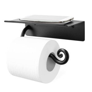 Wrought Iron Self Adhesive Toilet Paper Holder with Phone Shelf, Screw-in Wall Mounted Toilet Paper Roll Holder, Rustproof Bathroom Washroom Tissue Roll Holder with Shelf, Toilet Paper Roll Dispenser-Handcrafted Rustic Wrought Iron Wall Decor Toilet Roll Holder Black Finish  # 6339