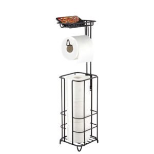 Wrought Iron Pedestal Toilet Paper Holder with Shelf Storage, Free Standing Bathroom Toilet Tissue Paper Roll Holder with Shelf Mobile Phone Wipe Rolls, Black 25" #5018