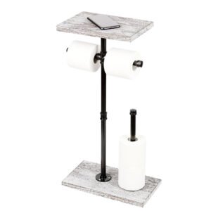 Cast Iron Metal Pedestal Toilet Paper Holder with Shelf Storage, Free Standing Bathroom Toilet Tissue Paper Roll Holder with Shelf Mobile Phone Wipe Rolls, Black Finish 650mm # 6330