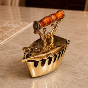Brass Press Vintage Brass Charcoal Iron with Wooden Handle, Antique Coal Press Iron for Home Décor, Decorative Collectible, Boat-Shaped 65mm #9660